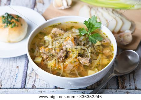 Shchi (cabbage Soup) With Buns (pampushki), Fat And Garlic. Traditional Russian And Ukrainian Soup. 