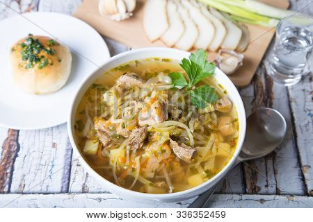 Shchi (cabbage Soup) With Buns (pampushki), Fat And Garlic. Traditional Russian And Ukrainian Soup. 