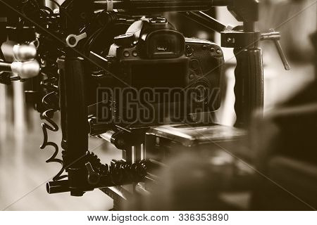 Film Industry. Filming With Professional Camera Background