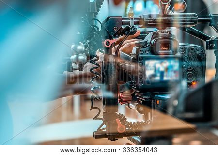Film Industry. Filming With Professional Camera Background