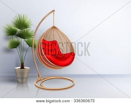 Wicker Swing Chair With Plant Interior Realistic Composition With Shadows And Glossy Floor With Brig