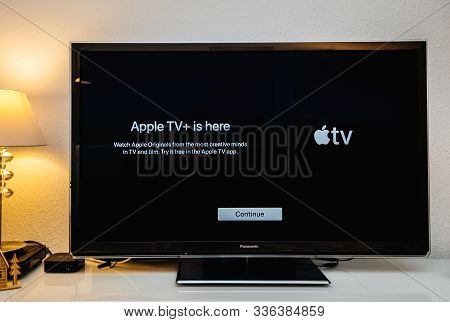 Paris, France - Nov 1, 2019: Front View Of Apple Tv Plus Is Here Message On Living Room Display With