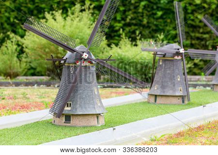 Ancient wooden mills, miniature scene outdoor