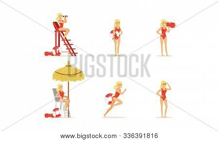 Beach-rescue Blonde Woman Character Performing Her Duties