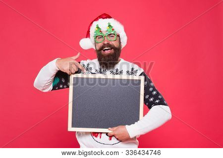 Its Up To You. Santa School Publicity. Happy Hipster Point Finger At Blank Publicity Board. New Year