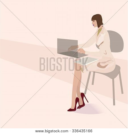 Vector Fashion Illustration Of A Young Stylish Career Woman With Blunt Bob Haircut Working On Comput