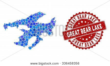 Mosaic Great Bear Lake Map And Circle Stamp. Flat Vector Great Bear Lake Map Mosaic Of Scattered Cir