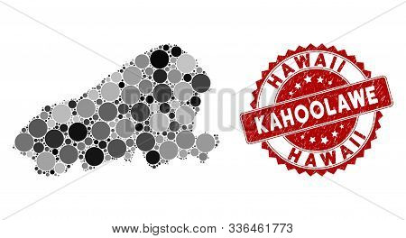 Mosaic Kahoolawe Island Map And Circle Stamp. Flat Vector Kahoolawe Island Map Mosaic Of Randomized 