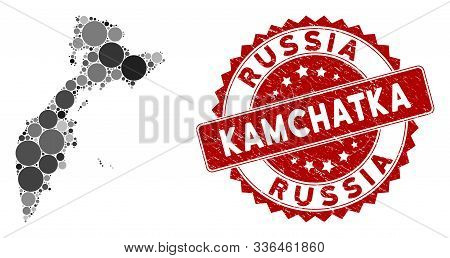 Mosaic Kamchatka Map And Round Seal Stamp. Flat Vector Kamchatka Map Mosaic Of Randomized Round Elem