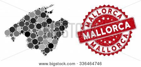 Mosaic Mallorca Map And Circle Seal Stamp. Flat Vector Mallorca Map Mosaic Of Randomized Round Items