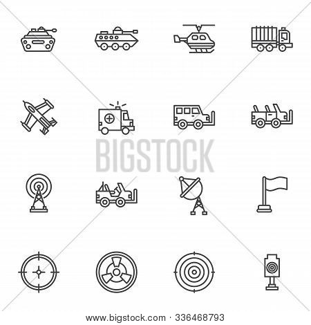 Military Equipment Line Icons Set. Linear Style Symbols Collection, Outline Signs Pack. Vector Graph