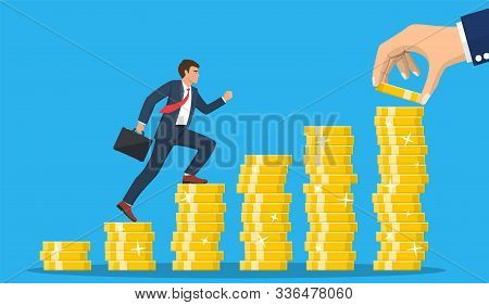 Business Man Is Climbing Stairs From Stacks Of Coins To Next Step For Career Growth. Business Concep