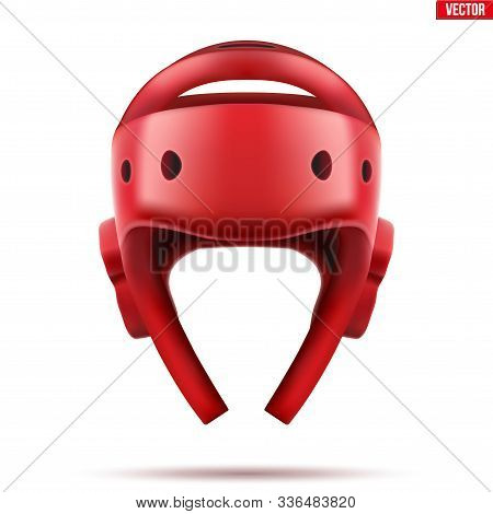 Red Taekwondo Helmet. Front View. Fighting Sport Equipment. Editable Vector Illustration Isolated On