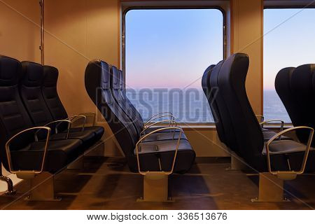 Passenger Compartment On The Sea Ferry Boat. Travel By Sea On Ferryships.