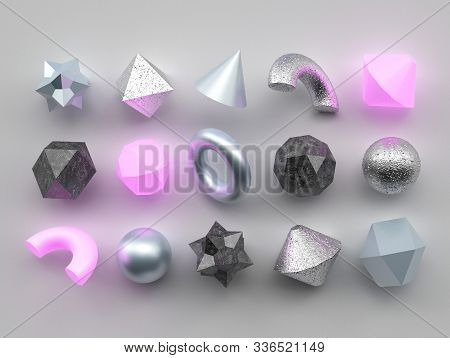 Set Of 3d Render Realistic Primitives On White Background. Isolated Graphic Elements. Spheres, Torus