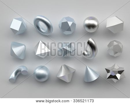Set Of 3d Render Realistic Primitives On White Background. Isolated Graphic Elements. Spheres, Torus