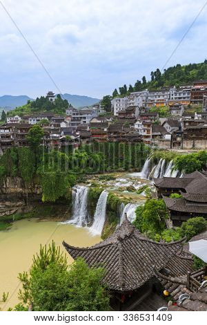Furong, China - May 29, 2018: Furong ancient village and waterfall in Hunan.