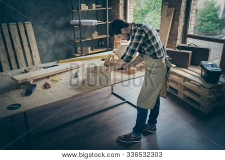 Top Above High Angle Full Length Photo Of Focused Professional Workman Use Screwdriver Fix Shelf On 