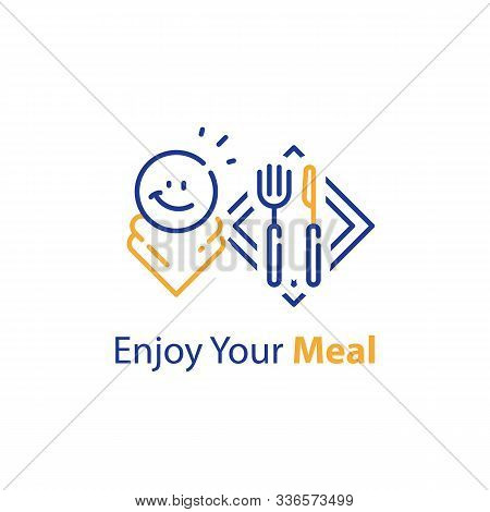 Enjoy Your Meal, Eating At Restaurant, Catering Service, Vector Line Icon