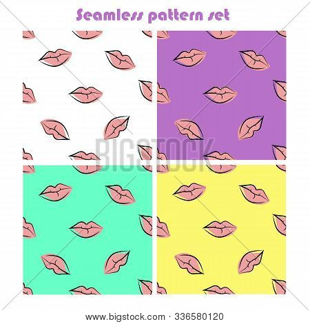 Seamless Patterns Set With Pink Lips. Design Element In Pop Art Style. Lips On White, Yellow, Blue A