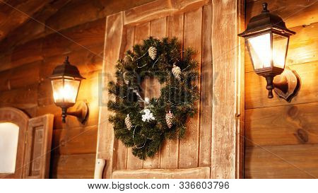Front Door Decorated For The Holidays. Wooden Fairy Hut For Christmas