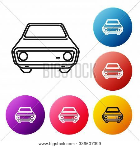 Black Line Car Icon Isolated On White Background. Front View. Set Icons Colorful Circle Buttons. Vec