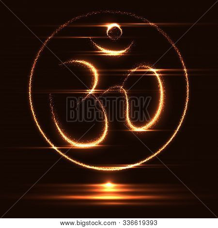 Om Symbol Icon With Glow And Glitter In Golden Color On Dark Background With Bright Shining Rays Of 