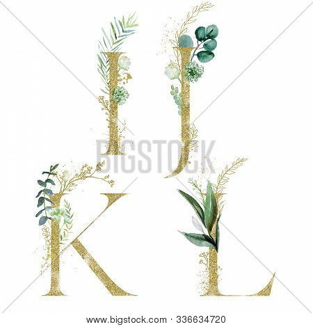 Gold Floral Alphabet Set - Letters I, J, K, L With Green Botanic Branch Bouquet Composition. Unique 