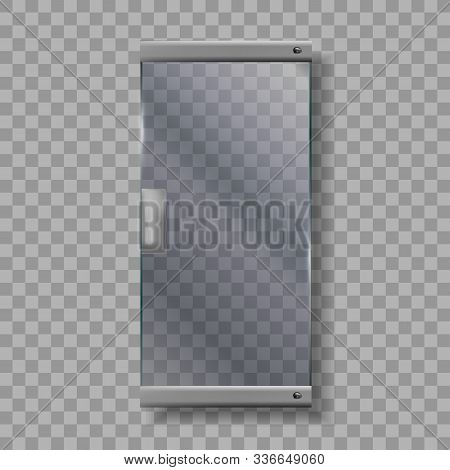 Glass Door With Handle And White Frame Vector. Transparency Door With Metal Chrome Doorhandle Entran