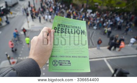 London, Uk - October 2019: International Rebellion Leaflet In London. Action. Climate Change Eco Pro