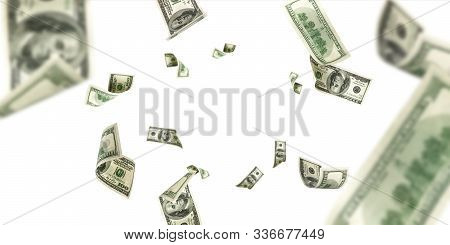 Hundred Dollar Bill. Falling Money Isolated Background. American Cash.
