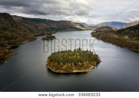 Beautiful Aerial Drone Landscape Image Of Glorious Autumn Fall Sun Over Thirlmere In Lake District