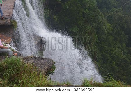 Close Up Of  The Water Falls Of Cherrapunjee Eco Park With Lots Of Trees And Greenery Of The Hills, 