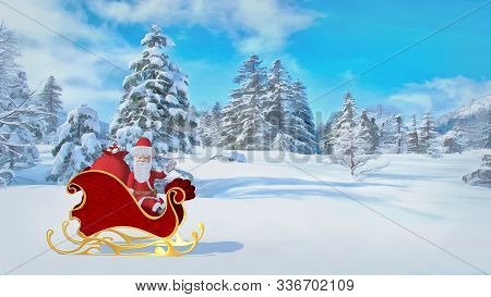 Santa Claus Is Riding Over The Forest In A Sleigh With Gifts. Merry Christmas And Happy New Year Ill