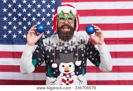Great American Christmas. Happy Santa On American Flag Background. Bearded American Man With Xmas Tr