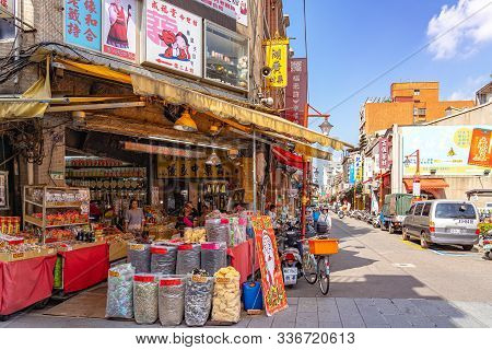 Taipei, Taiwan - Nov 12, 2019 : Dihua Street Market, Famous Tourist Attraction, People Can Seen Walk