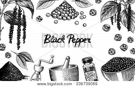 Black Pepper Background In Vintage Style. Mortar And Pestle, Allspice Or Peppercorn, Mill And Dried 