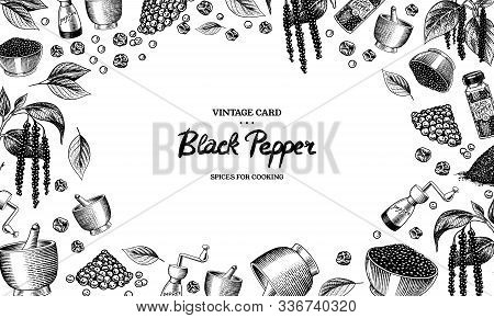 Black Pepper Background In Vintage Style. Mortar And Pestle, Allspice Or Peppercorn, Mill And Dried 