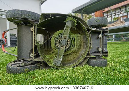 Electric Lawn Mower Blades All In Green Grass After Mowing The Lawn. Close-up
