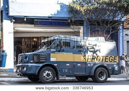 Sao Paulo, Brazil, October 05, 2019. Protege Armored Truck Parking In Augusta Street, Downtown Sao P