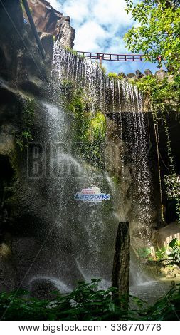 Subang Jaya, Malaysia - November 28, 2019: The Manmade Waterfall From The Hill At Sunway Lagoon Them