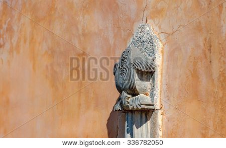 Greek Flag On The Background Of The Walls Of Kremasta Monastery,. Monastery Of Saints Michael And Ga