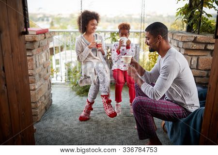 winter holidays and family concept - happy family with child  enjoy in the Christmas morningt ogether