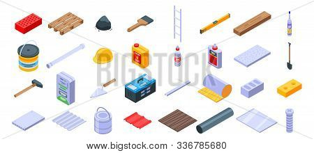 Construction Materials Icons Set. Isometric Set Of Construction Materials Vector Icons For Web Desig