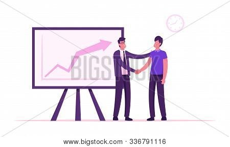 Confident Businessman Company Boss Shaking Hand To Office Employee Standing At Chartboard With Growi