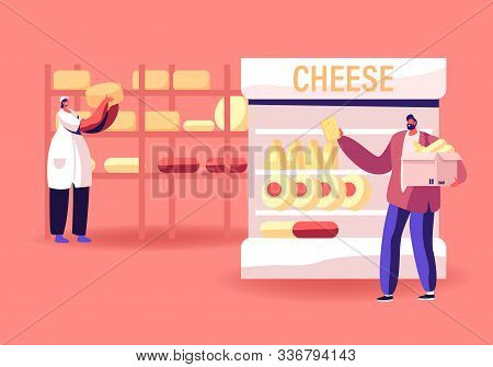 Industrial Factory Milky Food Manufacture And Selling. Woman Worker Put Cheese Heads On Racks, Man C