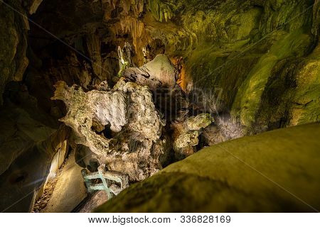 Beautiful Stalactite Formations Inside Of A Trung Trung Cave Cat Ba Vietnam