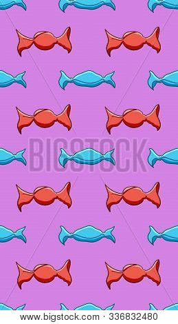 Candies In Red And Blue Wrapper Seamless Pattern On Purple Background