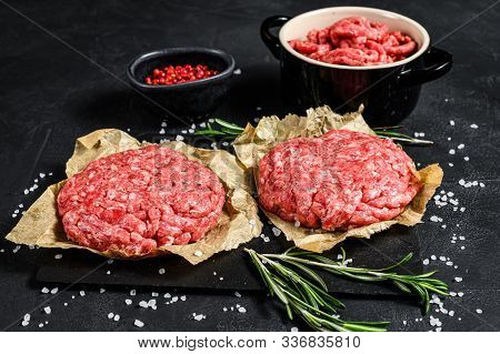 Home Handmade Raw Minced Beef Steak Burgers. Farm Organic Meat. Black Background. Top View