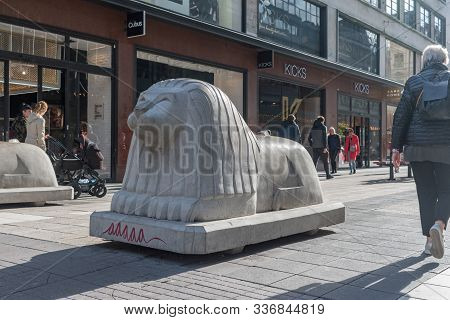 Stockholm, Sweden - September 24, 2019: Lion Sculpture On Drottninggatan Street In Stockholm.